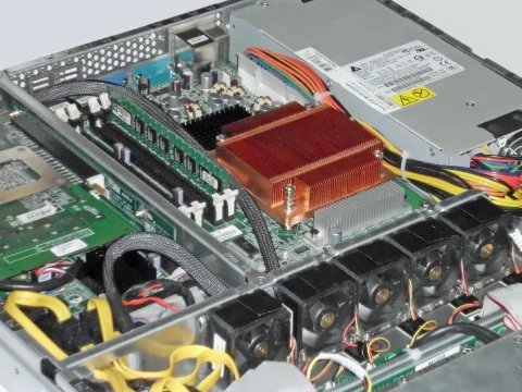 Interior of a server showing motherboard, heat sink, and cooling fans